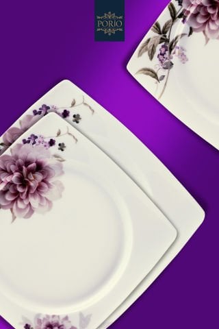 Porio Laura 74 Parça Bone China 24 Servisli 12 Kişilik Kare Porselen Yemek Takımı
