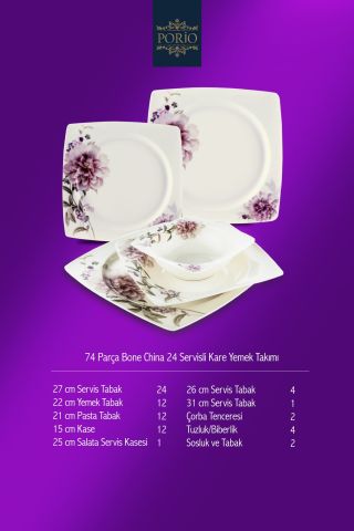 Porio Laura 74 Parça Bone China 24 Servisli 12 Kişilik Kare Porselen Yemek Takımı