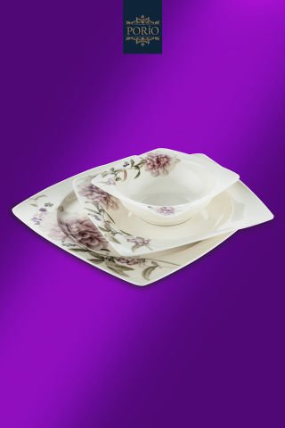 Porio Laura 74 Parça Bone China 24 Servisli 12 Kişilik Kare Porselen Yemek Takımı