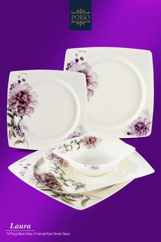 Porio Laura 74 Parça Bone China 24 Servisli 12 Kişilik Kare Porselen Yemek Takımı