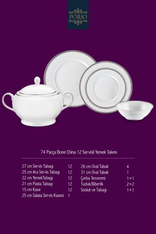 Porio Senora 74 Parça Bone China 24 Servisli 12 Kişilik Porselen Yemek Takımı