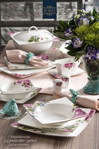 Porio Fiorenza 74 Parça Bone China 12 Kişilik Kare Porselen Yemek Takımı