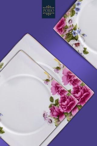 Porio Fiorenza 74 Parça Bone China 12 Kişilik Kare Porselen Yemek Takımı