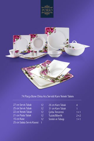 Porio Fiorenza 74 Parça Bone China 12 Kişilik Kare Porselen Yemek Takımı