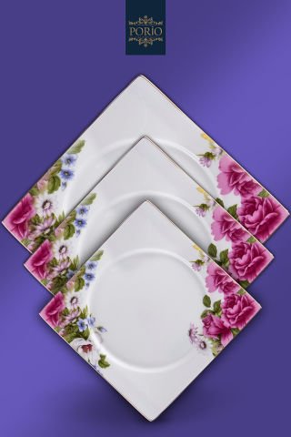 Porio Fiorenza 74 Parça Bone China 12 Kişilik Kare Porselen Yemek Takımı