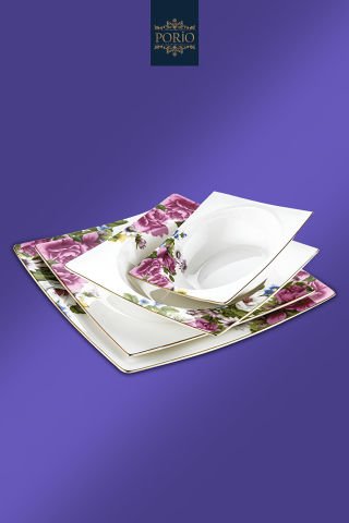 Porio Fiorenza 74 Parça Bone China 12 Kişilik Kare Porselen Yemek Takımı