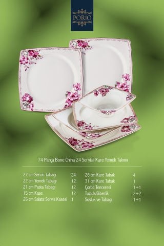 Porio Vivace 74 Parça Bone China 24 Servisli 12 Kişilik Porselen Yemek Takımı