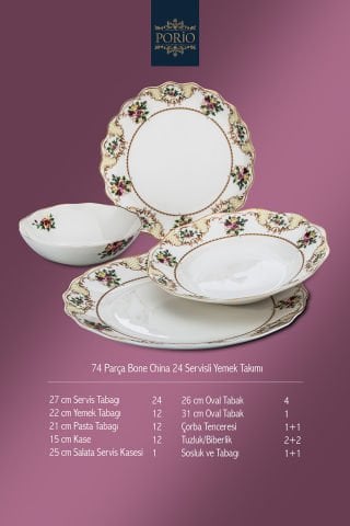 Porio Grecia 74 Parça Bone China 24 Servisli 12 Kişilik Porselen Yemek Takımı