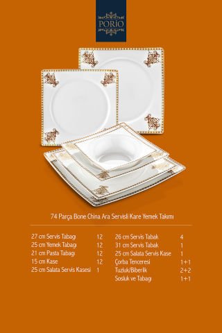 Porio Grazie 74 Parça Bone China 12 Kişilik Kare Porselen Yemek Takımı