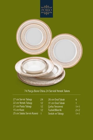Porio Nora 74 Parça Bone China 24 Servisli 12 Kişilik Porselen Yemek Takımı