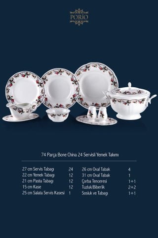 Porio Lenore 74 Parça Bone China 24 Servisli 12 Kişilik Porselen Yemek Takımı