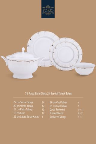 Porio Latia 74 Parça Bone China 24 Servisli 12 Kişilik Porselen Yemek Takımı