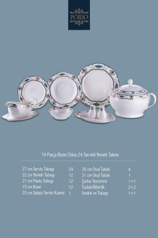 Porio Mila 74 Parça Bone China 24 Servisli 12 Kişilik Porselen Yemek Takımı