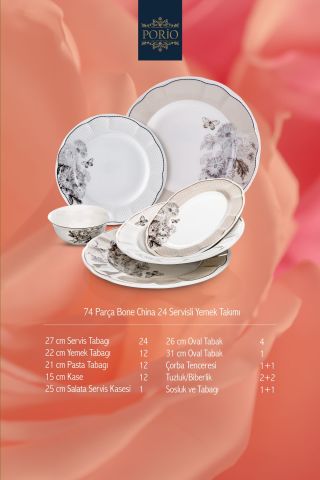 Porio Cosima 74 Parça Bone China 24 Servisli 12 Kişilik Porselen Yemek Takımı