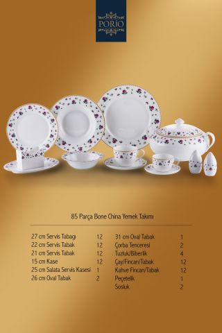 Porio Clematis 85 Parça Bone China 12 Kişilik Porselen Yemek Takımı