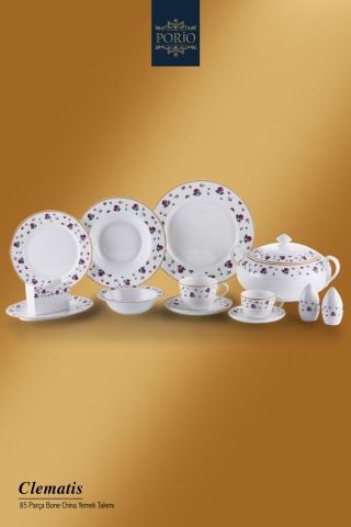 Porio Clematis 85 Parça Bone China 12 Kişilik Porselen Yemek Takımı