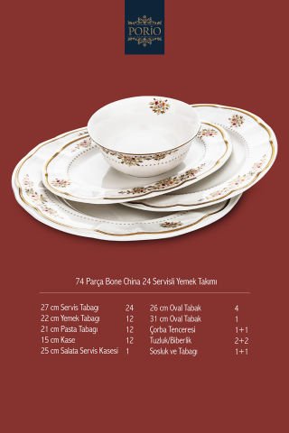 Porio Clarie 74 Parça Bone China 24 Servisli 12 Kişilik Porselen Yemek Takımı