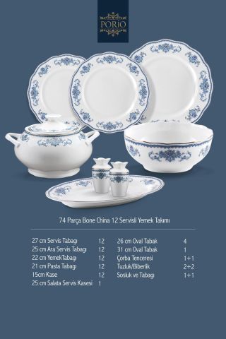 Porio Celeste Bonechina 12 Kişilik 74 Parça Kare Ara Servisli Yemek Takımı