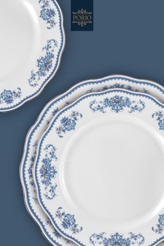 Porio Celeste Bonechina 12 Kişilik 74 Parça Kare Ara Servisli Yemek Takımı