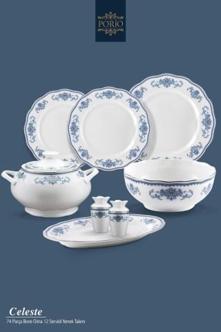 Porio Celeste Bonechina 12 Kişilik 74 Parça Kare Ara Servisli Yemek Takımı