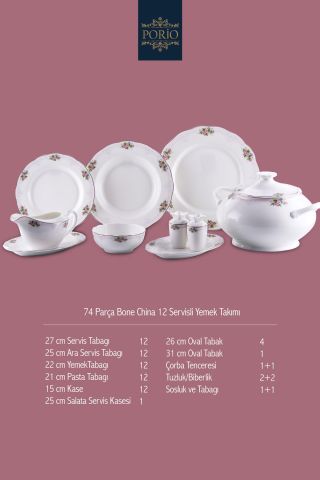 Porio Carmen 74 Parça Bone China 12 Servisli 12 Kişilik Porselen Yemek Takımı