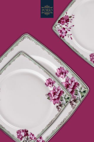 Porio Carino 74 Parça Bone China 24 Servisli 12 Kişilik Kare Porselen Yemek Takımı