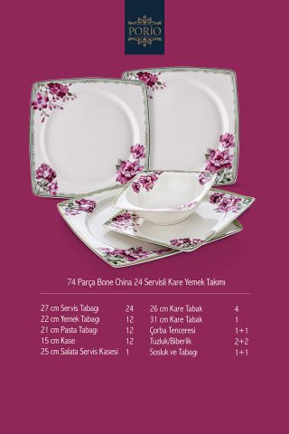 Porio Carino 74 Parça Bone China 24 Servisli 12 Kişilik Kare Porselen Yemek Takımı