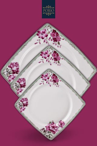 Porio Carino 74 Parça Bone China 24 Servisli 12 Kişilik Kare Porselen Yemek Takımı