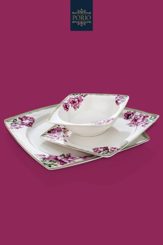 Porio Carino 74 Parça Bone China 24 Servisli 12 Kişilik Kare Porselen Yemek Takımı