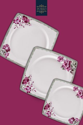 Porio Carino 74 Parça Bone China 24 Servisli 12 Kişilik Kare Porselen Yemek Takımı