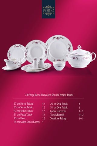 Porio Calvina 74 Parça Bone China 12 Servisli 12 Kişilik Porselen Yemek Takımı