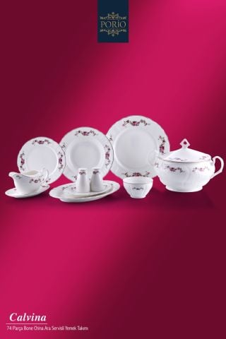 Porio Calvina 74 Parça Bone China 12 Servisli 12 Kişilik Porselen Yemek Takımı