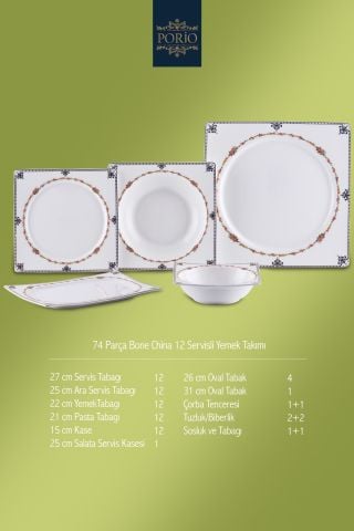 Porio Bellance 74 Parça Bone China 12 Kişilik Kare Porselen Yemek Takımı