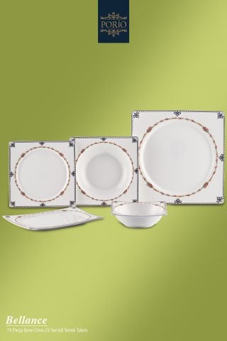 Porio Bellance 74 Parça Bone China 12 Kişilik Kare Porselen Yemek Takımı