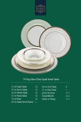 Porio Burano 74 Parça Bone China Suplalı 12 Kişilik Porselen Yemek Takımı