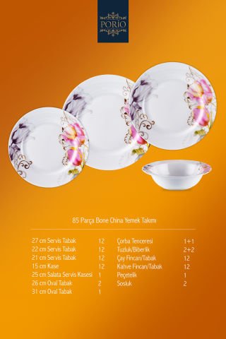 Porio Begonia 85 Parça Bone China 12 Kişilik Porselen Yemek Takımı