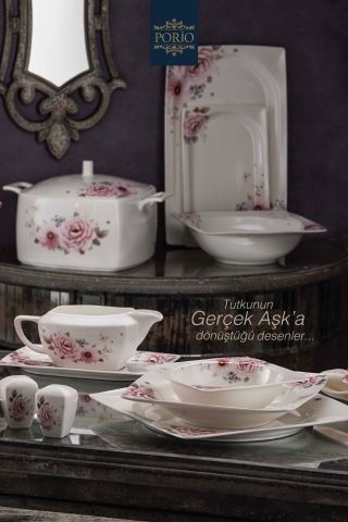 Porio Amore 74 Parça Bone China 24 Servisli 12 Kişilik Kare Porselen Yemek Takımı