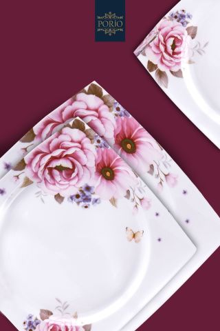 Porio Amore 74 Parça Bone China 24 Servisli 12 Kişilik Kare Porselen Yemek Takımı