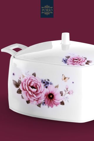 Porio Amore 74 Parça Bone China 24 Servisli 12 Kişilik Kare Porselen Yemek Takımı