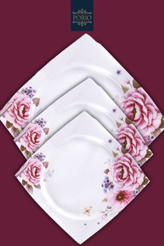 Porio Amore 74 Parça Bone China 24 Servisli 12 Kişilik Kare Porselen Yemek Takımı