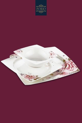 Porio Amore 74 Parça Bone China 24 Servisli 12 Kişilik Kare Porselen Yemek Takımı