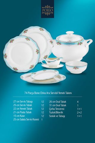 Porio Allecra 74 Parça Bone China 12 Ara Servisli 12 Kişilik Porselen Yemek Takımı