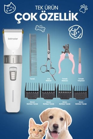 Tırmık 10 in 1 Ayarlanabilir Şarjlı Kedi Köpek Tıraş Makinesi Pet Evcil Hayvan Tüy Kesme Aparatlı