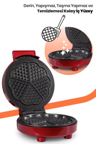 Sugar 1000w Taşmayı Önleyen Derin Plakalı Isı Kontrollü Waffle Makinesi Inox Kırmızı