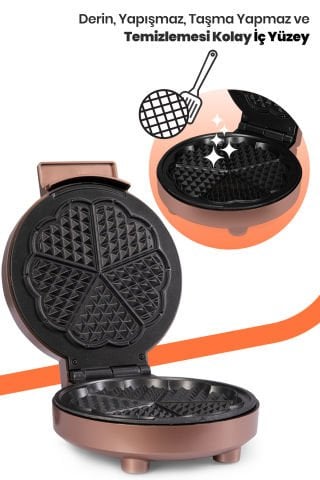 Caramel 1000w Taşmayı Önleyen Derin Plakalı Aşırı Isınmaya Dayanıklı Waffle Makinesi