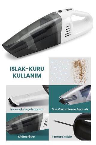 Picky Islak Kuru Siklon Filtreli Fırça Başlıklı Taşınabilir Beyaz Şarjlı El Süpürgesi GM7553B