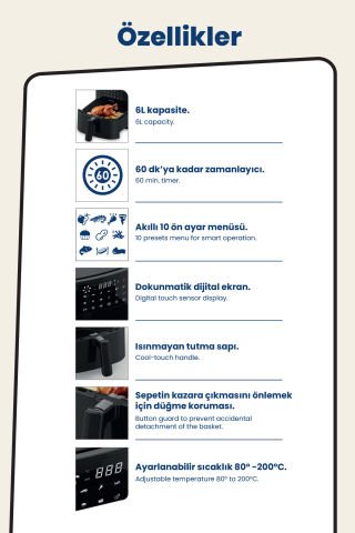 Floris GM-8416 Dijital Dokunmatik Sıcak Hava Fritözü Airfryer