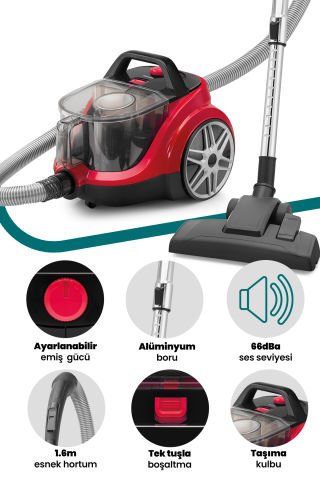 GoldMaster Arena Sessiz 2.5 Litre Kapasiteli Hız Ve Emiş Güç Ayarlı Filtreli Toz Torbasız Elektrikli Süpürge
