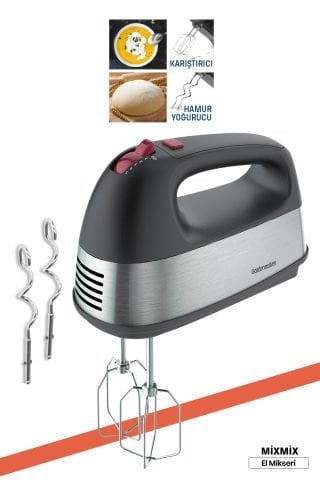 Mixmix Paslanmaz Çelik Turbo Fonksiyonlu 5 Hız Ayarlı Çırpma ve Yoğurma Aparatlı Hand El Mikseri