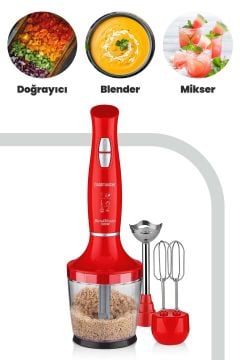 Yasemin 1000 Watt Sessiz Hız Ayarlı 3 In 1 Doğrama Karıştırma Blender Seti Kırmızı